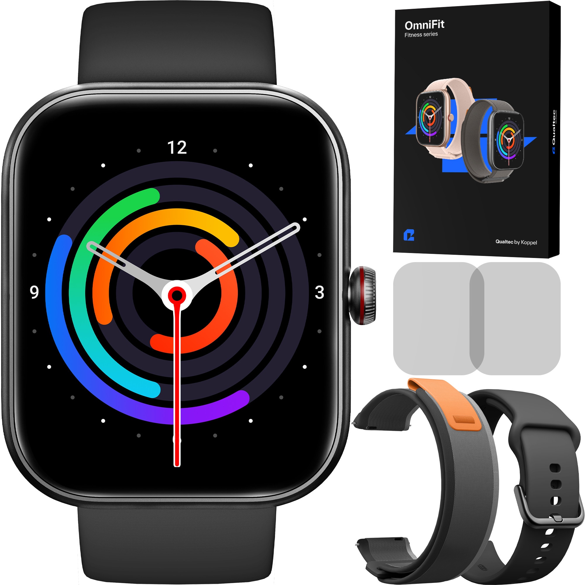 Ceas smartwatch, Qualtec by Koppel®, inteligent, fitness, sport, rezistent apa, functie smart numarat pasi, unisex, notificari, ecran 1.91", wireless, apelare Bluetooth 5.3, microfon HD, monitorizare somn, limba romana, 2 bratari incluse, OmniFit, negru Review și Păreri