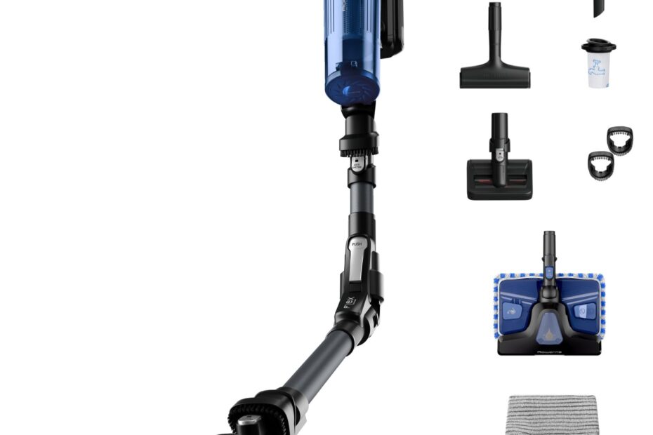 Aspirator vertical fara fir Rowenta X-Force Flex 9.60 Aqua RH20C7WO cu functie de mop, 250W, 18.5V, autonomie 45 min, filtrare 99.9%, recipient praf 0.44 L, tub flexibil, perie cu LED, panou SmartControl, suport de perete cu incarcare, gri & albastru Review și Păreri